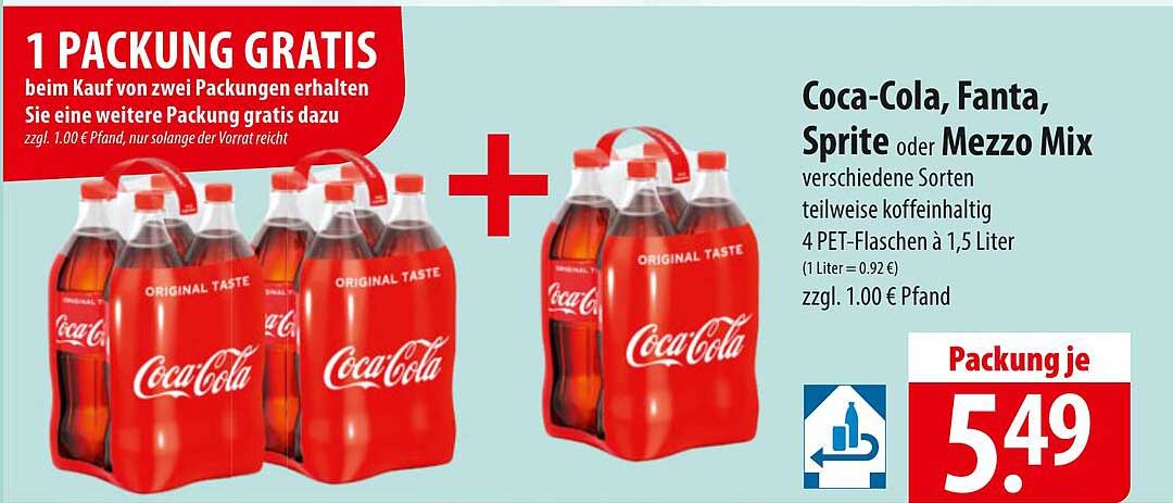 Coca-Cola, Fanta, Sprite oder Mezzo Mix - 4 PET-Flaschen à 1,5 Liter