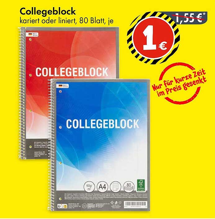 Collegeblock karriert oder liniert, 80 Blatt, je