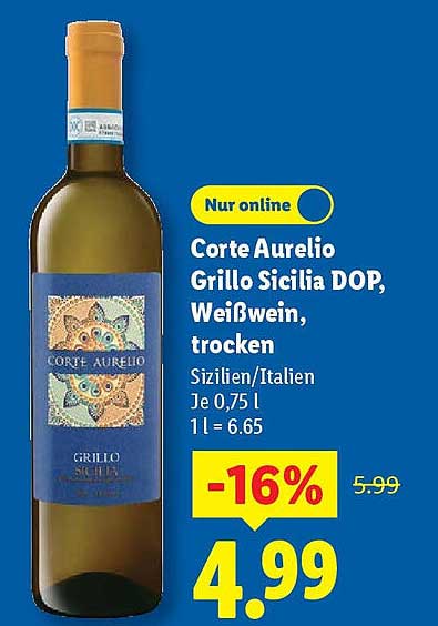 Corte Aurelio Grillo Sicilia DOP, Weißwein, trocken