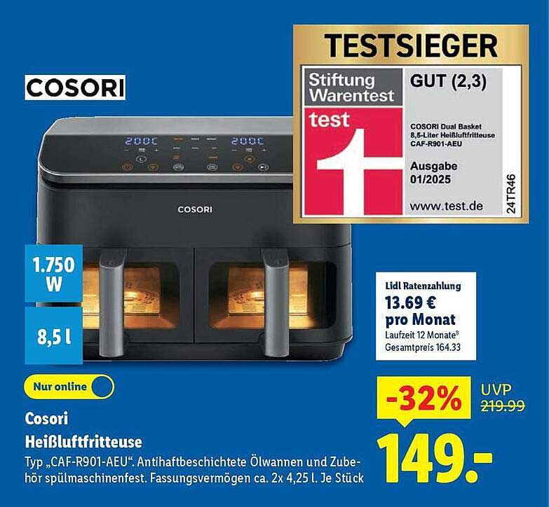 Cosori Heißluftfritteuse Typ CAF-R901-AEU - GUT (2,3) Stiftung Warentest