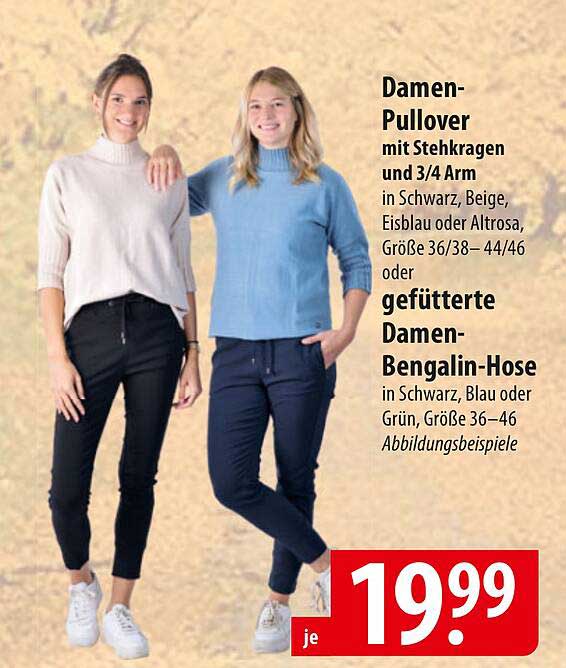 Damen-Pullover mit Stehkragen und 3/4 Arm oder gefütterte Damen-Bengalin-Hose