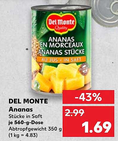 DEL MONTE Ananas Stücke in Saft 560-g-Dose