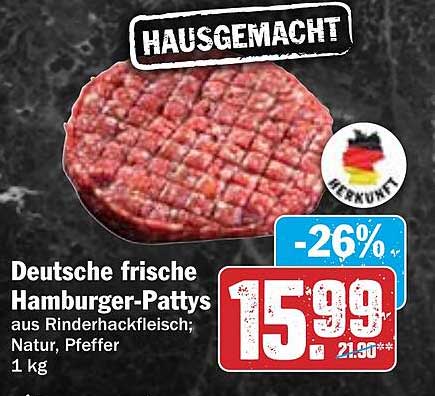 Deutsche frische Hamburger-Pattys aus Rinderhackfleisch; Natur, Pfeffer 1 kg