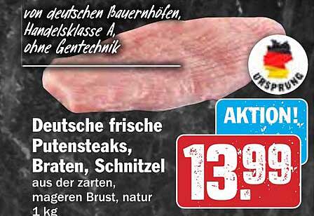 Deutsche frische Putensteaks, Braten, Schnitzel aus der zarten, mageren Brust, natur, 1 kg