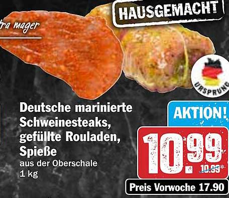 Deutsche marinierte Schweine-steaks, gefüllte Rouladen, Spieße aus der Oberschale 1 kg
