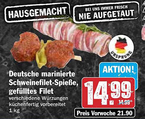 Deutsche marinierte Schweinefilet-Spieße, gefülltes Filet 1 kg