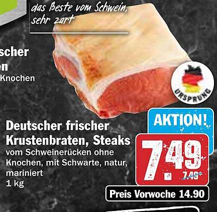 Deutscher frischer Krustenbraten, Steaks vom Schweinerücken ohne Knochen, mit Schwarte, natur, mariniert - 1 kg