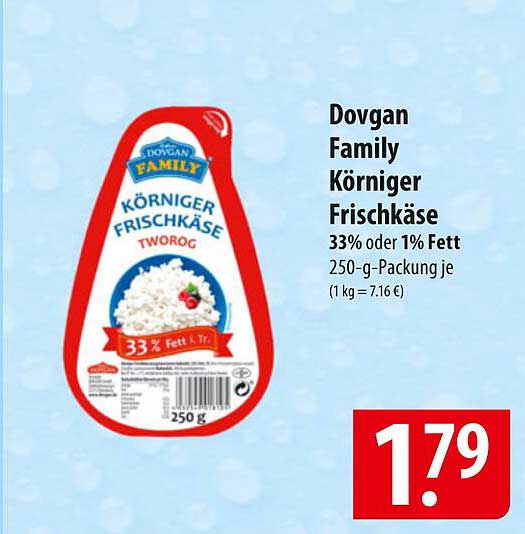 Dovgan Family Körniger Frischkäse 33% oder 1% Fett 250-g-Packung