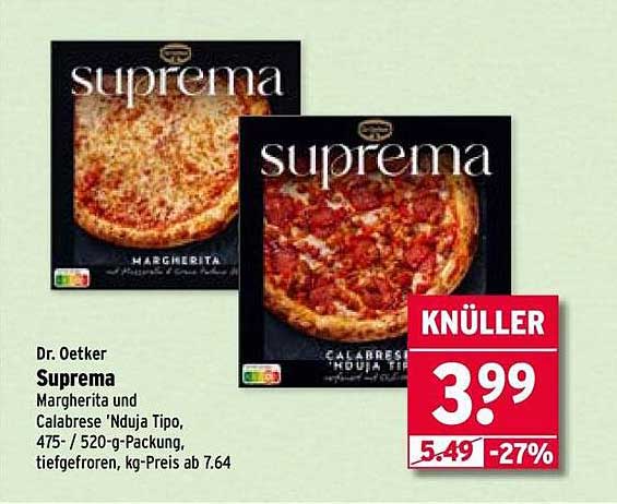 Dr. Oetker Suprema Margherita und Calabrese 'Nduja Tipo, 475- / 520-g-Packung, tiefgefroren