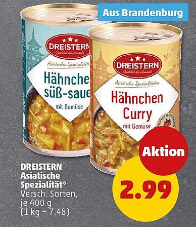 DREISTERN Asiatische Spezialität Hähnchen süß-sauer und Hähnchen Curry, je 400 g
