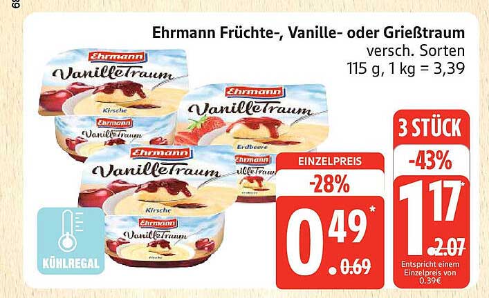 Ehrmann Früchte-, Vanille- oder Grießtraum verschiedene Sorten 3 Stück