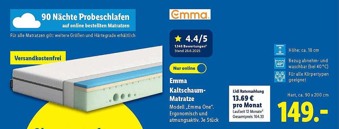 Emma Kaltschaummatratze Modell „Emma One“ - Ergonomisch und atmungsaktiv