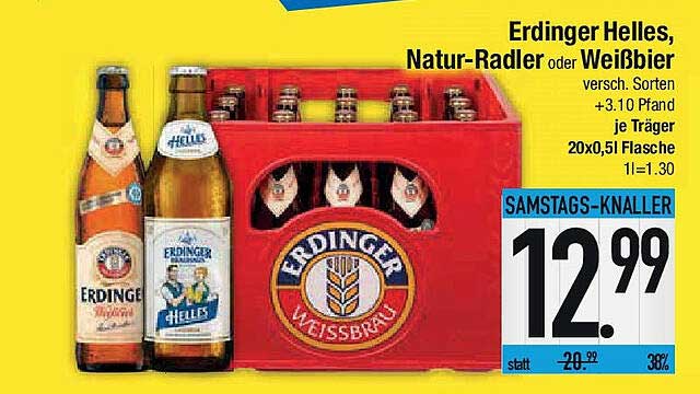 Erdinger Helles, Natur-Radler oder Weißbier - 20x0,5L Flaschen