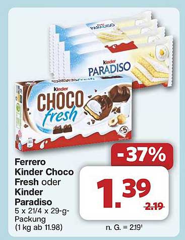 Ferrero Kinder Choco Fresh oder Kinder Paradiso 5 x 21/4 x 29-g-Packung