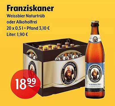 Franziskaner Weissbier Naturtrüb oder Alkoholrei 20 x 0,5 l + Pfand 3,10 €