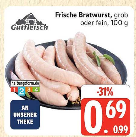 Frische Bratwurst, grob oder fein, 100 g