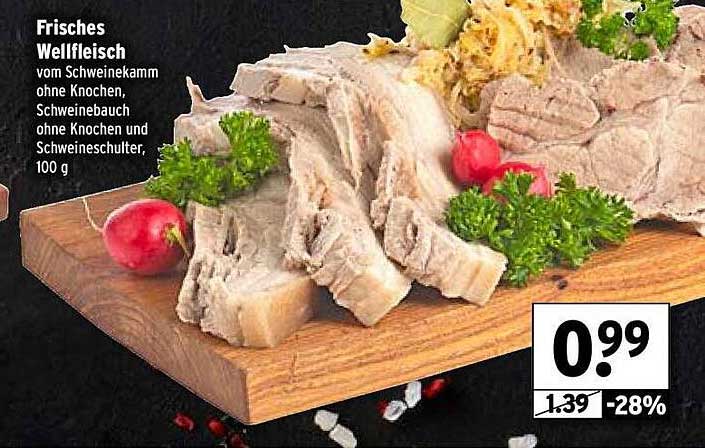 Frisches Wellfleisch vom Schweinekamm ohne Knochen, Schweinebauch ohne Knochen und Schweineschulter, 100 g