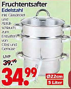 Fruchtentsafter Edelstahl inkl. Glasdeckel und Abfüllschlauch zum Entsaften von Obst und Gemüse