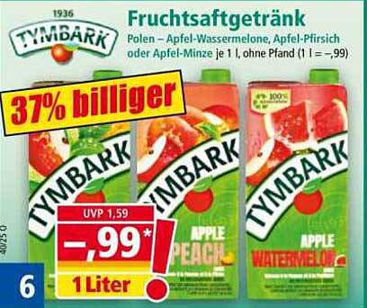 Fruchtsaftgetränk TYMBARK - Apfel-Wassermelone, Apfel-Pfirsich oder Apfel-Minz
