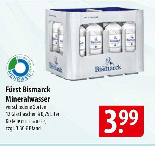 Fürst Bismarck Mineralwasser, 12 Glasflaschen à 0,75 Liter