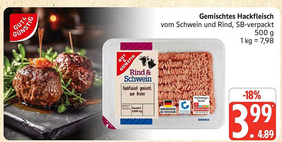 Gemischtes Hackfleisch vom Schwein und Rind, SB-verpackt 500 g