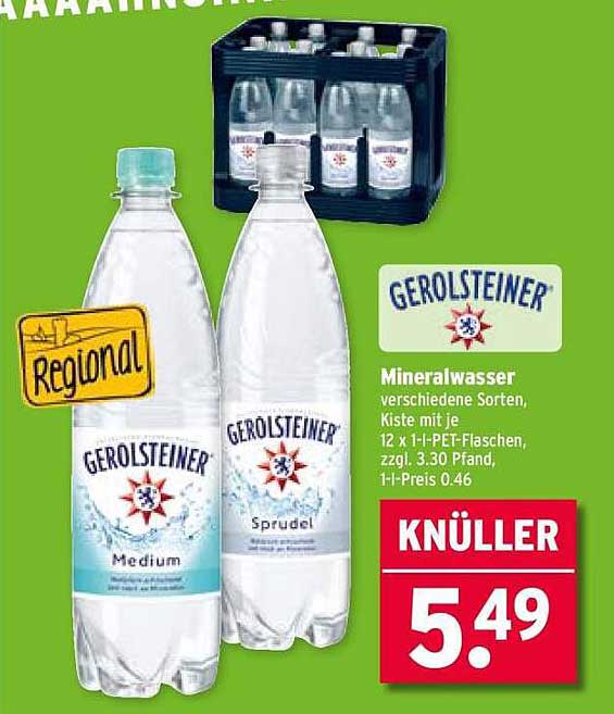 Gerolsteiner Mineralwasser verschiedene Sorten, Kiste mit je 12 x 1,1-Liter PET-Flaschen