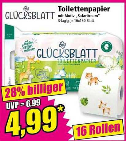 GLÜCKSBLATT Toilettenpapier mit Motiv "Safaritraum" - 3-lagig, 16 Rollen