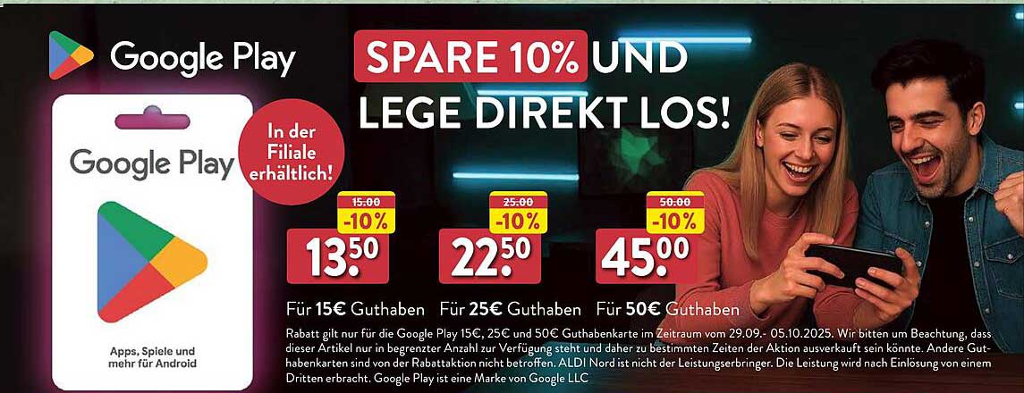 Google Play Guthabenkarten - Sparen Sie 10%!