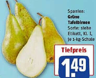 Grüne Tafelbirnen aus Spanien, je 1-kg-Schale