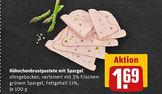 Hähnchenbrustpastete mit Spargel ofengebacken, verfeinert mit 3% frischem grünem Spargel, Fettgehalt 11%, je 100 g