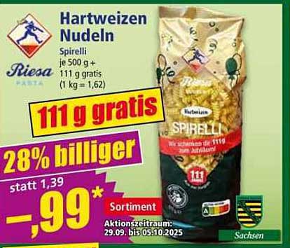 Hartweizen Nudeln Spirelli 500 g + 111 g gratis