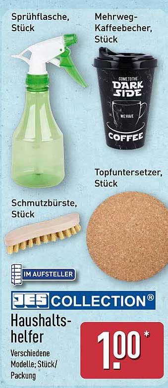 Haushaltshelfer: Sprühflasche, Mehrweg-Kaffeebecher, Schmutzbürste, Topfuntersetzer