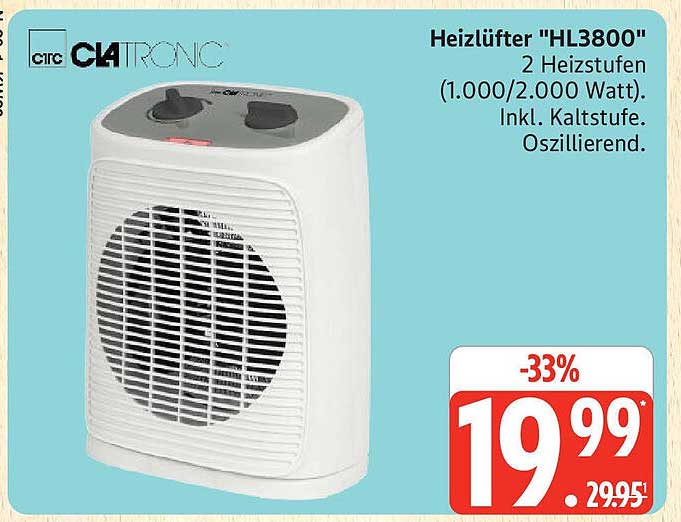 Heizlüfter "HL3800" - 2 Heizstufen (1.000/2.000 Watt), inkl. Kaltstufe, oszillierend.