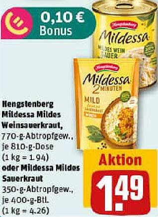 Hengstenberg Mildessa Mildes Weinsauerkraut (770-g-Abtropfgew.) oder Mildessa Mildes Sauerkraut (350-g-Abtropfgew.)