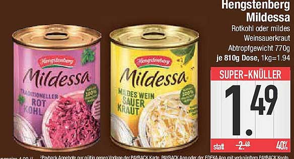 Hengstenberg Mildessa Rotkohl oder milder Weinsauerkraut, 770g Dose
