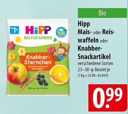 Hipp Mais- oder Reiswaffeln oder Knabber-Snackartikel verschiedene Sorten