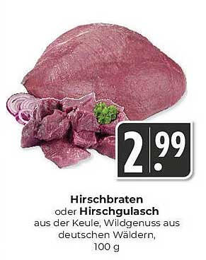 Hirschbraten oder Hirschgulasch aus der Keule, Wildgenuss aus deutschen Wäldern, 100 g
