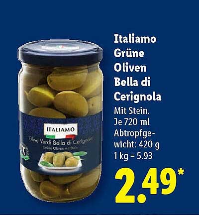 Italiamo Grüne Oliven Bella di Cerignola mit Stein - 720 ml