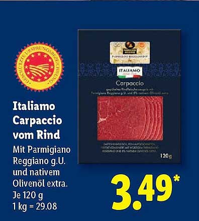 Italiano Carpaccio vom Rind mit Parmigiano Reggiano g.U. und nativem Olivenöl extra