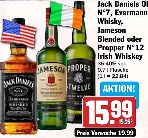 Jack Daniels Old No. 7, Evermann Whisky, Jameson Blended oder Proper No. 12 Irish Whiskey
