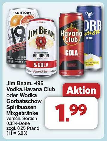 Jim Beam, -196 Vodka, Havana Club oder Wodka Gorbattschow Spirituosen Mixgetränke