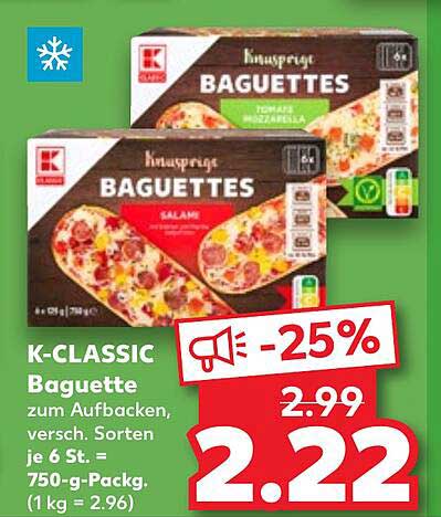 K-CLASSIC Baguette zum Aufbacken, verschiedene Sorten, 750-g-Packung