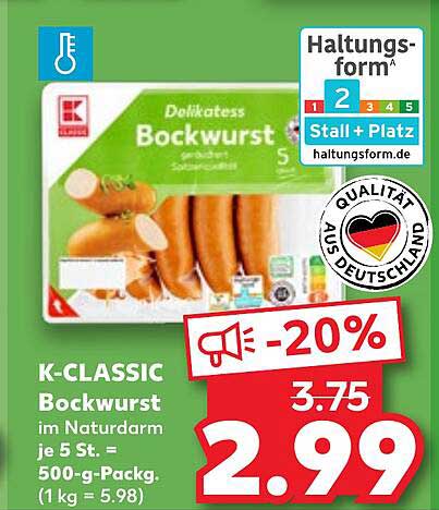 K-CLASSIC Bockwurst im Naturdarm je 5 St. - 500-g-Pack.