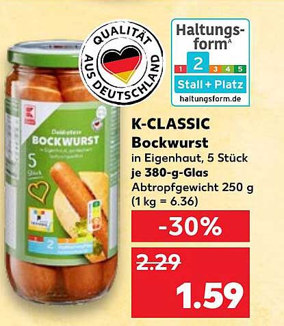 K-CLASSIC Bockwurst in Eigenhaut, 5 Stück je 380-g-Glas