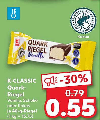 K-CLASSIC Quark-Riegel Vanille, Schoko oder Kokos je 40-g-Riegel