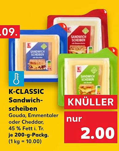 K-CLASSIC Sandwichscheiben Gouda, Emmentaler oder Cheddar, 200 g für nur 2,00 €