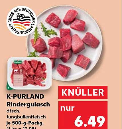 K-PURLAND Rindergulasch - Jungbullenfleisch je 500-g-Pack.