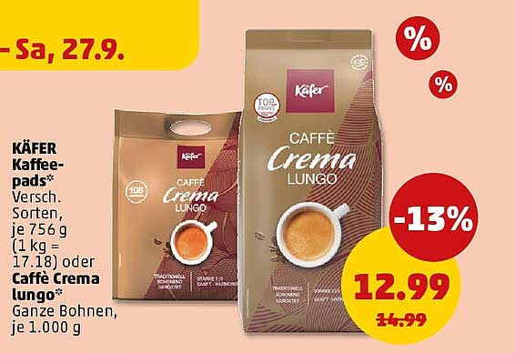 KÄFER Kaffee-Pads – Verschiedene Sorten, je 756 g oder Caffè Crema lungo, Ganze Bohnen, je 1.000 g