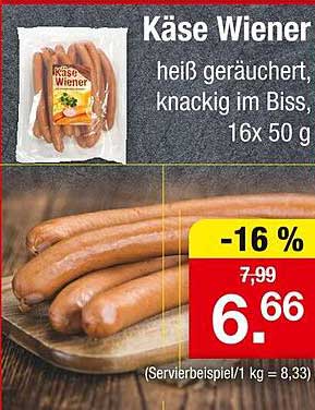 Käse Wiener, heiß geräuchert, knackig im Biss, 16x50 g