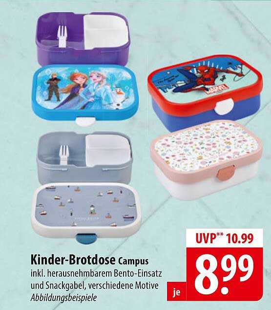 Kinder-Brotbox Campus inkl. herausnehmbarem Bento-Einsatz und Snackgabel, verschiedene Motive